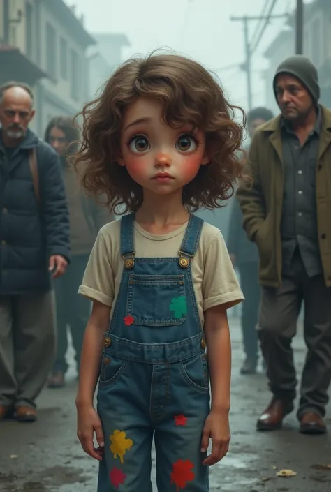 Clara: A girl, brown curly hair, curious smile, wearing denim overalls with colored paint stains, looking sad in a gray and lifeless place. People walked with their heads down, unable to smile.