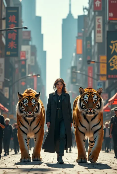 A  walks in the middle of a crowded city with two giant tigers on his left and right sides casually