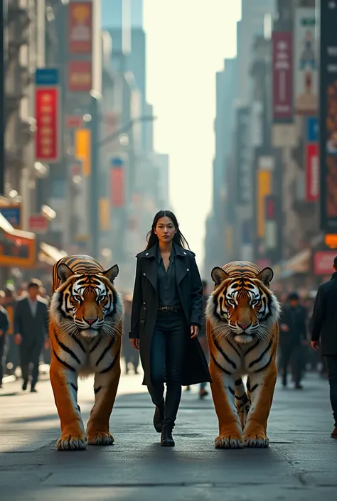 A  walks in the middle of a crowded city with two giant tigers on his left and right sides casually