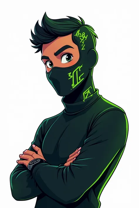 
 Here is the description adjusted to generate an animated person with the design of the image mask:

 A logo with an animated person wearing a mask like the one in the provided image .  The mask must be in the balaclava style ,  with a black base and neon...