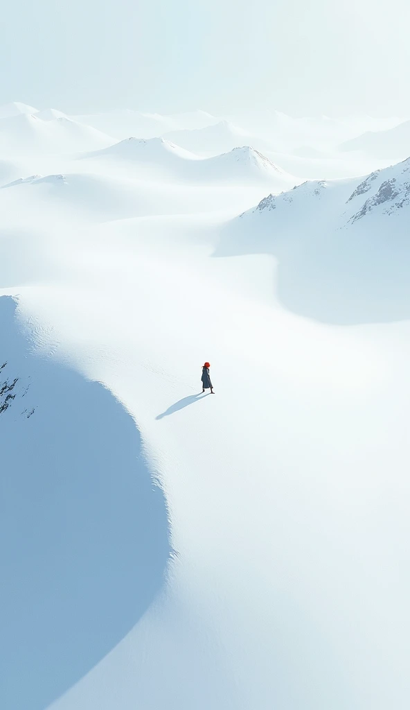 An ultra striking snowy landscape i spectacular  . the image is captured from a drone that is quite tall i can distinguish a girl with red hair who looks very small since the camera is so far away