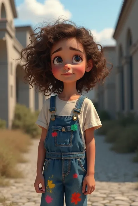 Clara: A girl, brown curly hair, curious smile, wearing denim overalls with colored paint stains, looking sad in a gray and lifeless place. People walked with their heads down, unable to smile. (in pixar, disney style)