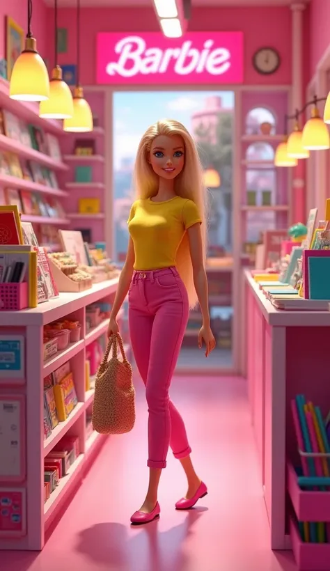  Realistic image of Barbie in a yellow t-shirt , pink pants , pink ballet shoe, straw bag, shopping at a Stationery store located at Shopping Pink in Barbieland 