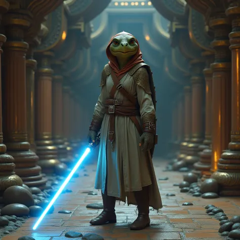  Female humanoid turtle . of average height. With a reddish hair .  She wears grey and brown Jedi robes .  She wears brown boots .  He wears a single-blade light sabre in blue .  he stands in the middle of a shiny earthenware path . Around her you can see ...