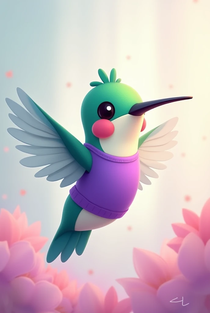 Animated cute hummingbird with purple shirt