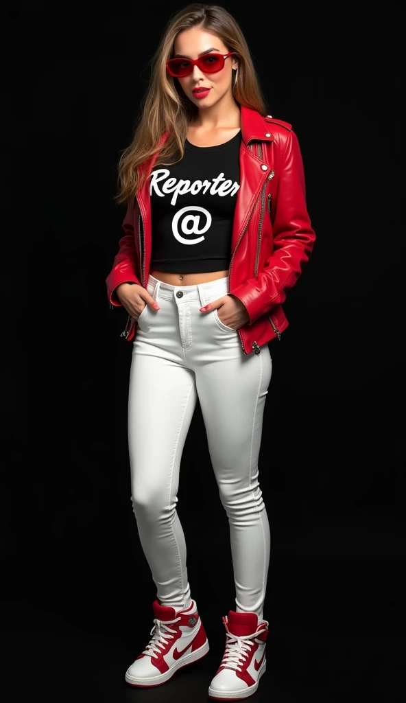  woman 20 years old,  long light brown hair,  green eyes,  huge breasts ,  flirty smile , white latex pants, black top with the legend "Reporter @" in white letters,  red sunglasses ,  short red open leather jacket ,  Black background,  Jordan sneakers , T...