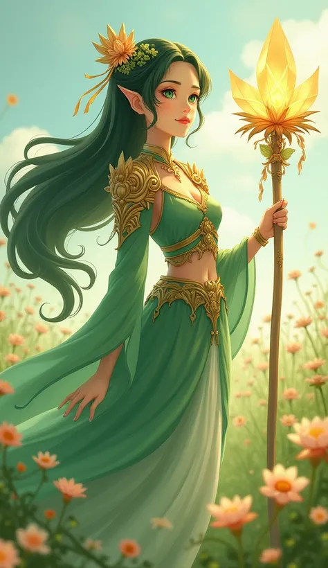 A graceful anime maiden with nature-inspired armor in shades of green and gold. She holds a glowing staff topped with a crystal flower. Surrounded by a field of blooming flowers, her calm expression reflects wisdom and kindness. Ultrarealistic details in h...