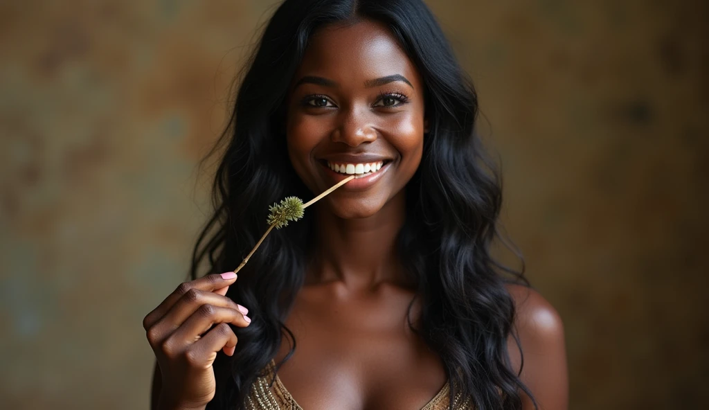 Young 25 year old African Beautiful Black Tribe Women Standing in Confidence smiling and holding a small stick in her Mouth with right hand with White Teeth and "big cleavage" in Bra and Long Black hair.