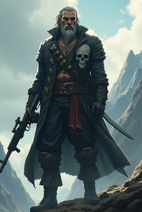 The pirate Farando Anime carries a Kalashnikov weapon and wears a coat with a skull sign on the back and stands on a mountain where the bodies of enemies are seen 