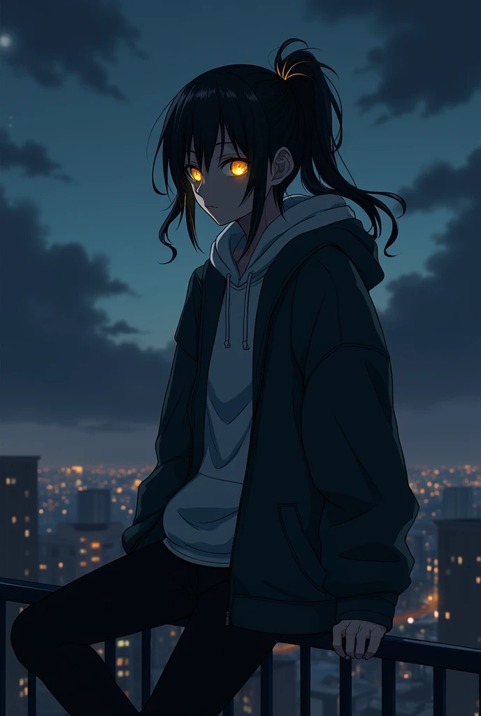 Full body
Anime style Hair: The character has long black hair with bright yellow highlights that catch the faint light of the moon. His hair is tied up in a loose ponytail, allowing some strands to fall around his face, adding to his brooding appearance.

...