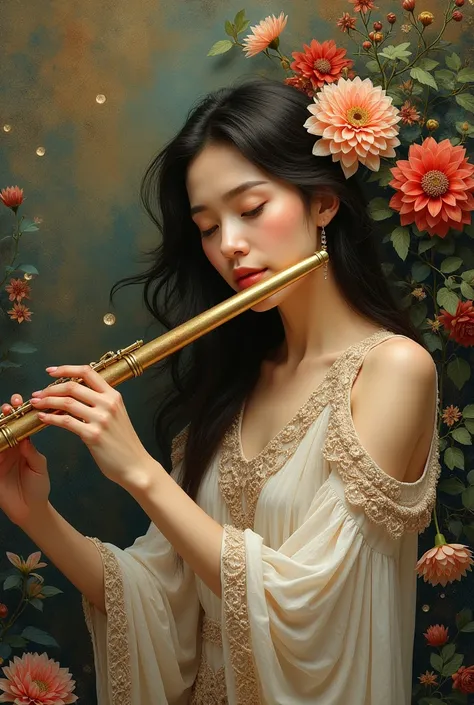 Face of a woman playing the transverse flute against a background of flowers and textures