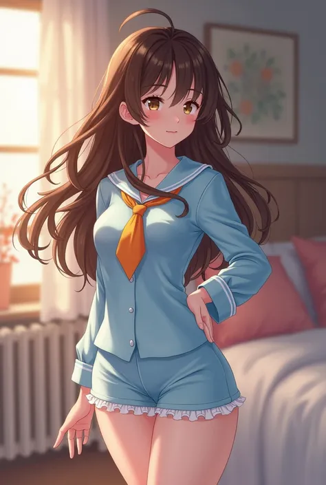  A  girl in blue pajamas,  has an orange tie ,  brown hair ,  has a small waist,  small breasts, wide hips , big thighs and buttocks  