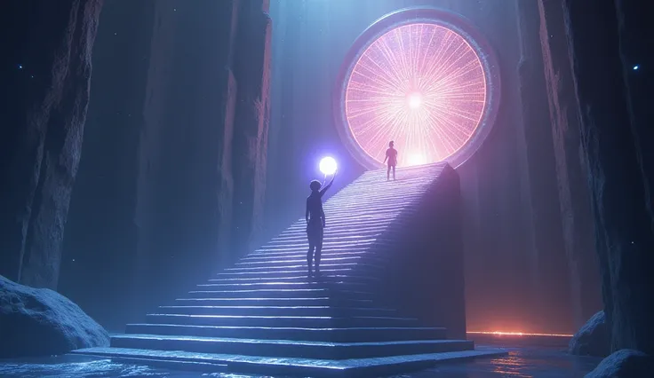 Imagine a surreal staircase leading into a cosmic realm, illuminated by ethereal light. A figure stands on the steps, poised and holding a glowing orb that casts shimmering reflections. Above, a luminous geometric structure radiates energy, surrounded by c...