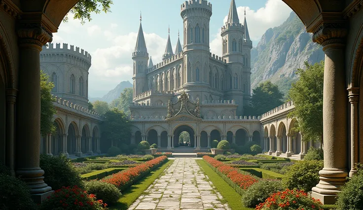 A grand medieval kingdom with towering stone castles, lush gardens, and regal architecture. The kingdom exudes the elegance of a bygone era but holds a dark undercurrent of secrets and forbidden love.