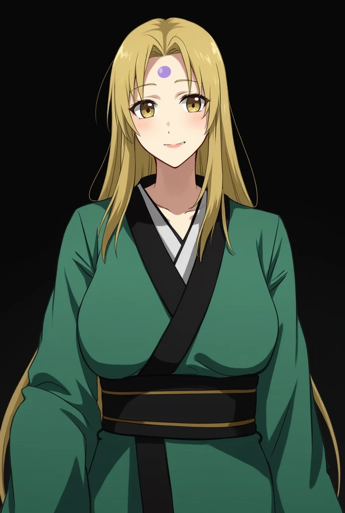 （（（perfect figure，figure，Alone， White and tender skin，（（（cyberpunk，Hinata, Japanese clothes, sash, jacket，A tea green long jacket with black edges, black belt, ））），（（（H1N4T4, Light yellow long hair, blue purple mark on forehead, light yellow thin short eye...