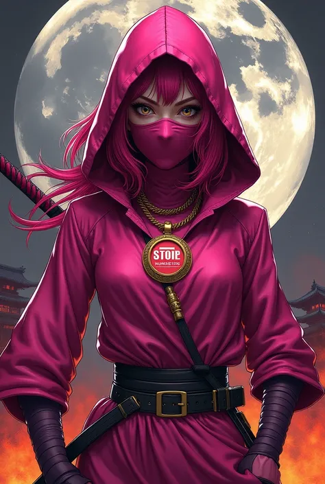  A mysterious and attractive ninja in a modern and stylized style . With her army of fuchsia ninja girls, she wears a fuchsia suit with a hood.,  with textures and reflections that make it stand out .  The ninja is in a dynamic and powerful pose ,  holding...