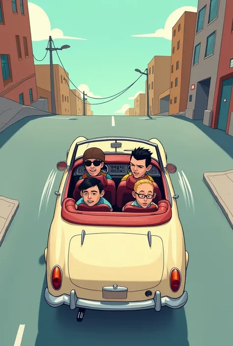 photo de 4 délinquant en voiture décapotable avec une vue du dessus dans un style cartoon minimaliste