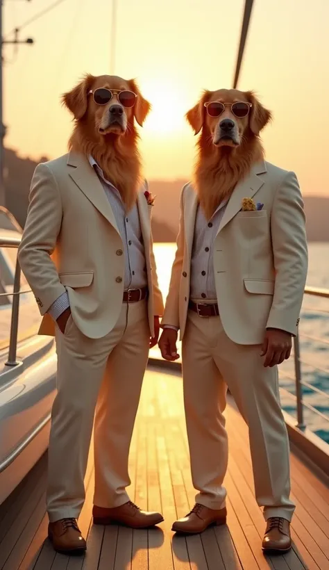 Two golden retrievers standing upright like wealthy aristocrats, wearing tailored cream-colored linen suits and stylish sunglasses. They are posing confidently on the deck of a luxurious yacht during sunset, showcasing their elegant attire. The background ...