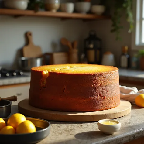 Big burnt pale lemon cake in the kitchen