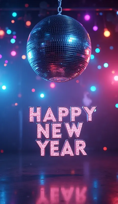 A sparkling disco ball hanging in the center of a room, reflecting colorful lights across the walls. The space is filled with a mix of silver, purple, and blue lights. The text Happy New Year is prominently displayed in shiny, bold font at the center, with...