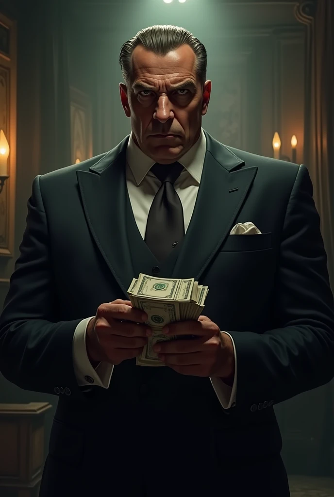 Make me an image cover about a mob guy holding money in his hand 