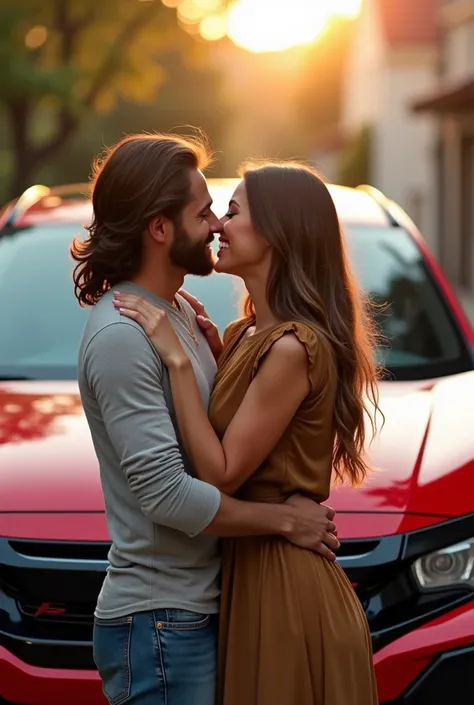 A happy couple with a red Honda Civic Typer car is hugging in front of the car