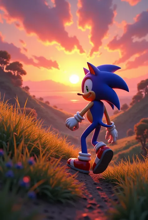 Sonic The Hedgehog walking to the horizon at sunset
