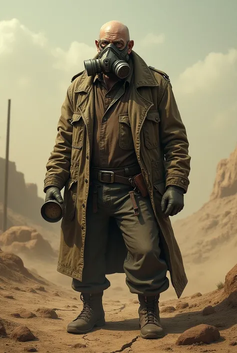 Tall bald elderly man wearing a Mad Max gas mask