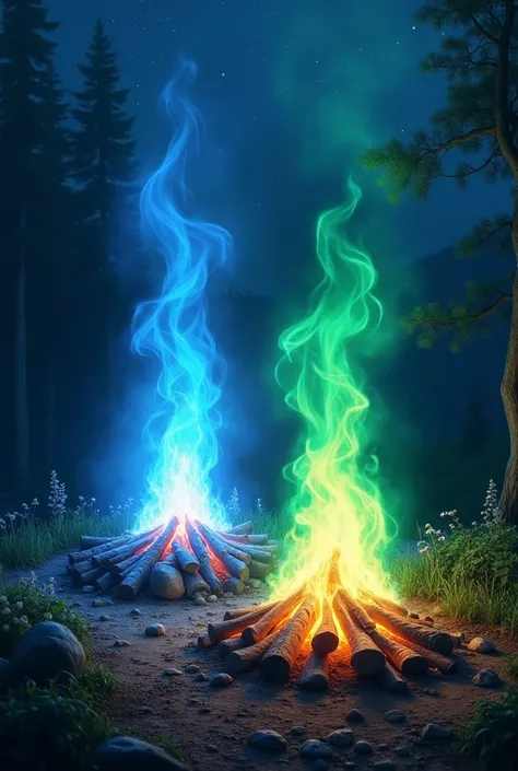 , blue and green bonfires 