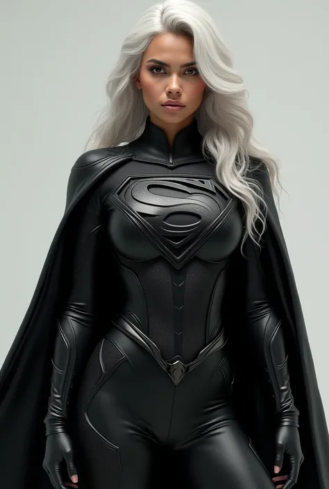 Create a highly detailed, ultra-realistic image of a young woman wearing a sleek, black superhero costume inspired by Superman, with a flowing cape and metallic details. The costume is tight-fitting, emphasizing her athletic build. She has long, curly whit...