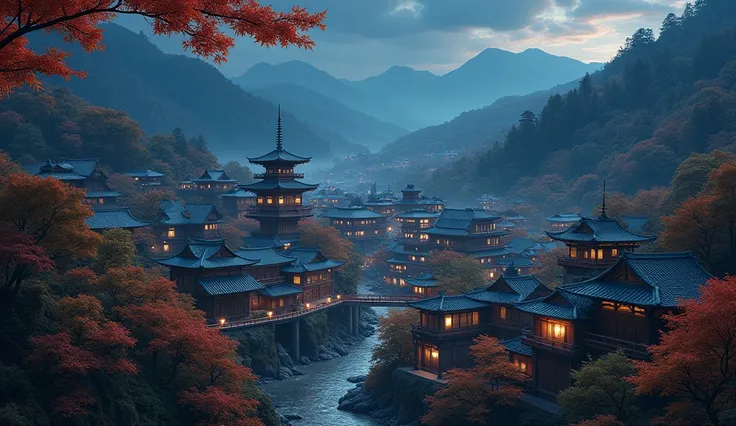 traditional japanese city in the mountains, its autumn no people, forest night 