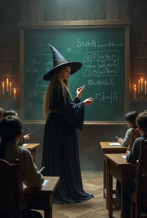 Generate a witch teaching math at the blackboard 