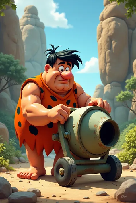 Pedro Flintstone using a small concrete mixing machine