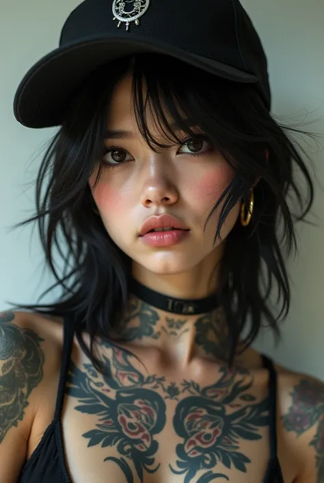 Tattooed Asian girl wearing skater cap 