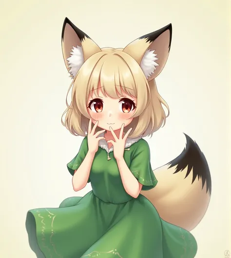  Anime girl in green dress , beige hair ,  fox ears with black tips ,  a fluffy tail and a black tip,  red eyes  