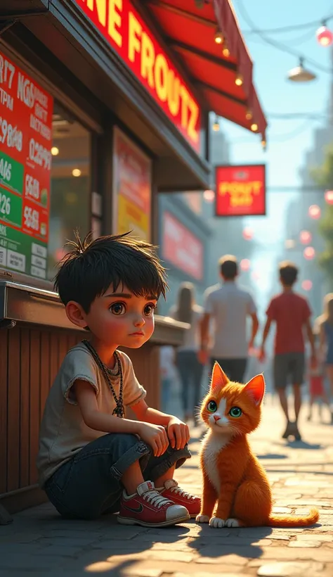 "A hyper-realistic digital artwork of a  boy named Leo sitting near a bustling sports betting kiosk in an urban setting. Leo has a thin build, worn-out clothes with frayed edges, and tattered shoes with holes in the soles. His face shows determination mixe...