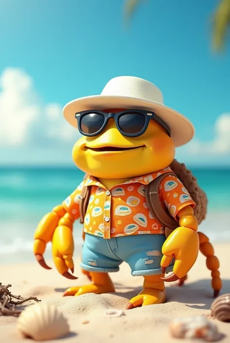 real image. Yellow crab with white hat eyeglasses in tourist clothes on the beach