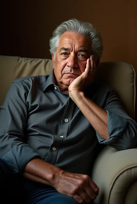  The renowned Colombian JOSE BOBADILLA is comfortable sitting on a sofa , with one hand on the cheek , which suggests a reflective attitude .  His eyes are attentive and he has an expression of solidity that reveals his deep concentration,  as if he were p...