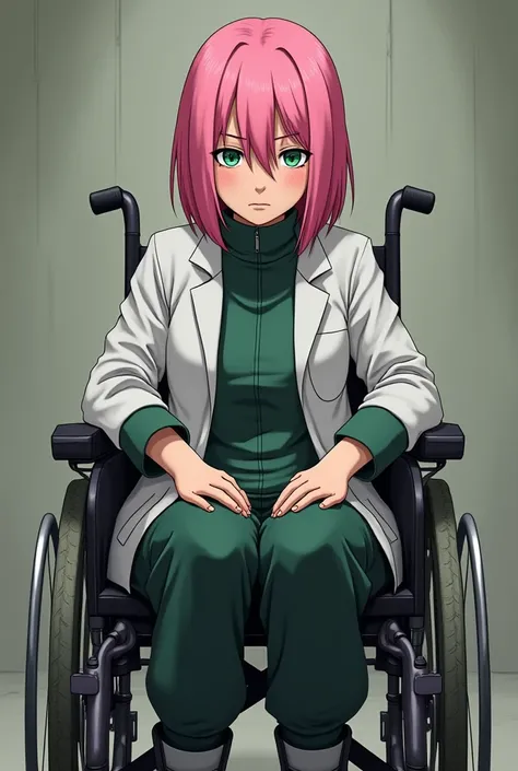 Sakura haruno sitting on a wheelchair wihout legs