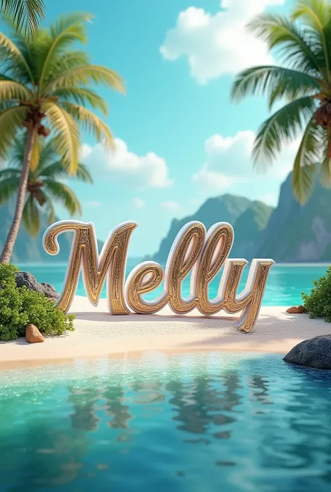 Typographie 3D élégante avec le nom "Melly" sur une île 