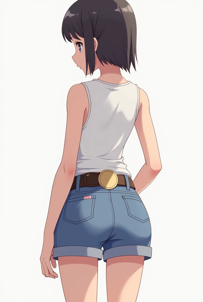 Anime A young girl in shorts ，There is a belt on the shorts ，There is a round driver on the belt。backward view