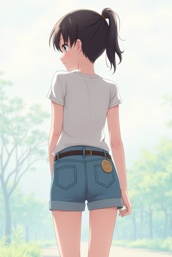 Anime A young girl in shorts ，There is a belt on the shorts ，There is a round driver on the belt。backward view