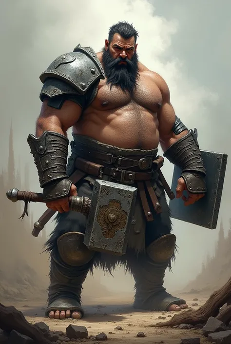  Fat man with short hair and beard , Without left arm ,  in his right hand he is holding a war hammer