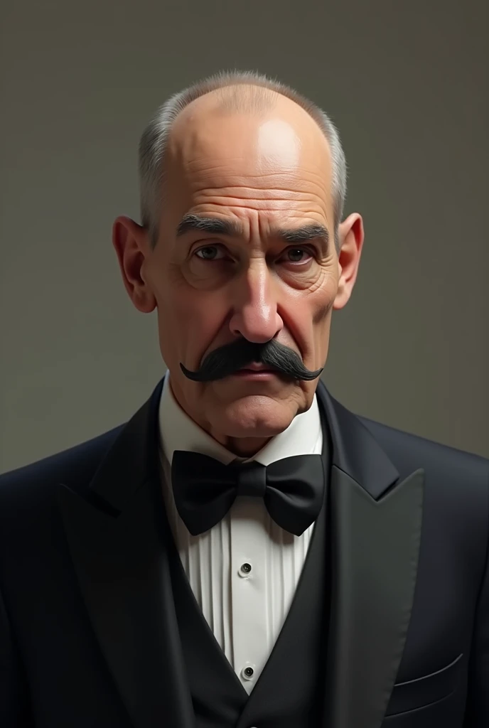 60 years old man with short built. Bold head. Black moustache . Wearing a black suit with a bow  in neck