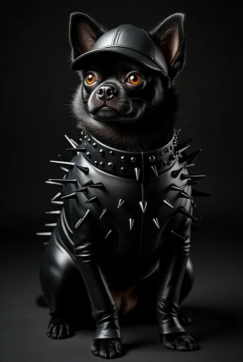  Pomeranian in a BDSM black latex suit, with spikes and rhinestones ,  in a black BDSM cap 