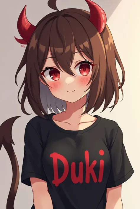  You can take a picture of a girl with a tail and brown hair who has a black t-shirt that says "Duki" in red letters,  that has devil wings under the left eye and others of an angel under the right eye ,Above the left eyebrow that has an  "Ssj"