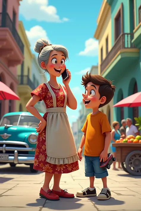 A heartwarming and detailed depiction of a Cuban grandmother and her young grandson standing together on a bustling street in Havana, Cuba. The grandmother has a warm smile, wearing a traditional floral dress with an apron, her hair tied back in a neat bun...