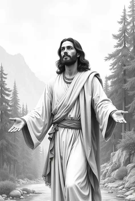 I want AI images of Jesus only in black and white like a pencil drawing for ren to color and also the background of the image with forests, houses, places etc... in which Jesus performs miracles on the crowd here on earth.