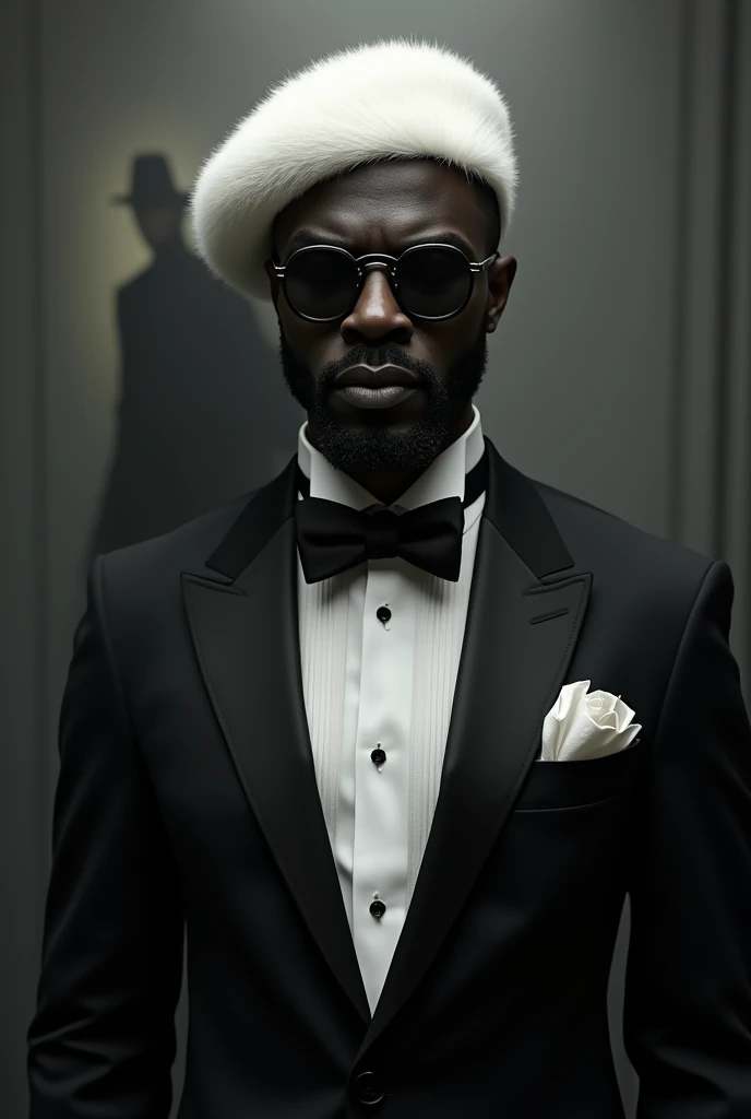  Create a black man with an all-black tuxedo, with tie,  with white ushanka and black glasses ,  hallucinating also with a villain . with a goatee