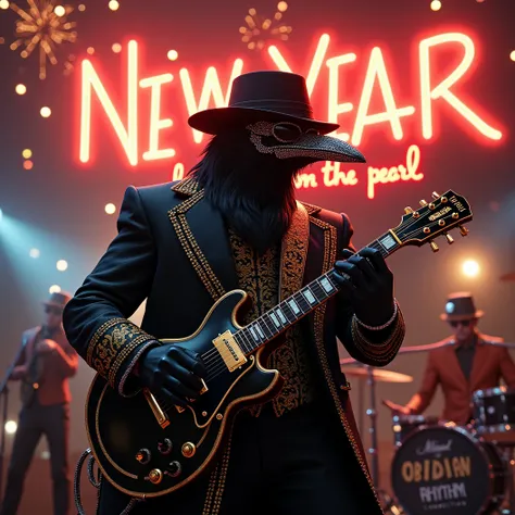 Muscular Anthropomorphic raven donned in intricate black suit with gold trim made of diamonds and a black diamond fedora. Diamonds cover his beak. Wears large sunglasses. Lead singer and electric guitar player of a jazz band at a high end jazz club. Uses a...